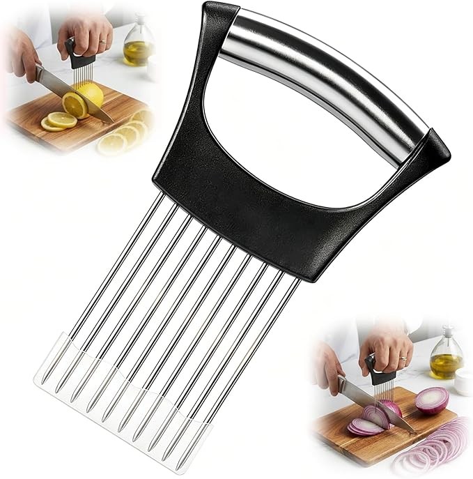 Onion Slice Holder, Stainless Steel Onion Holder for Slicing with Protective Case,Chopper Slicing Assistant Tool for Meat, Onion, Potato, Tomato,Lemon - Kitchen Gadgets (1 Pack)