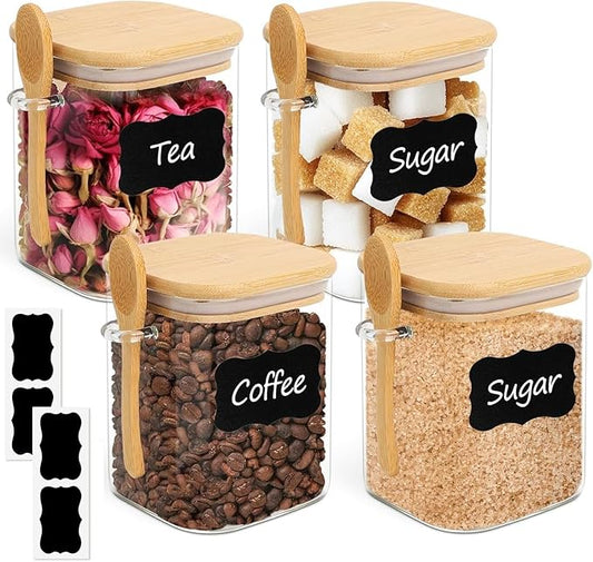 0.8 Qt Glass Jars with Bamboo Lids & Spoons Set of 4
