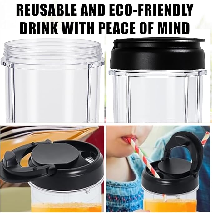 Poweka 16OZ Replacement Cups with Flip Top To-Go Lids Compatible with Magic Bullet 250W MB1001 Blenders Juicer Milk Juicer Mixer Accessories, 3 Packs Repalcement Parts with Brush