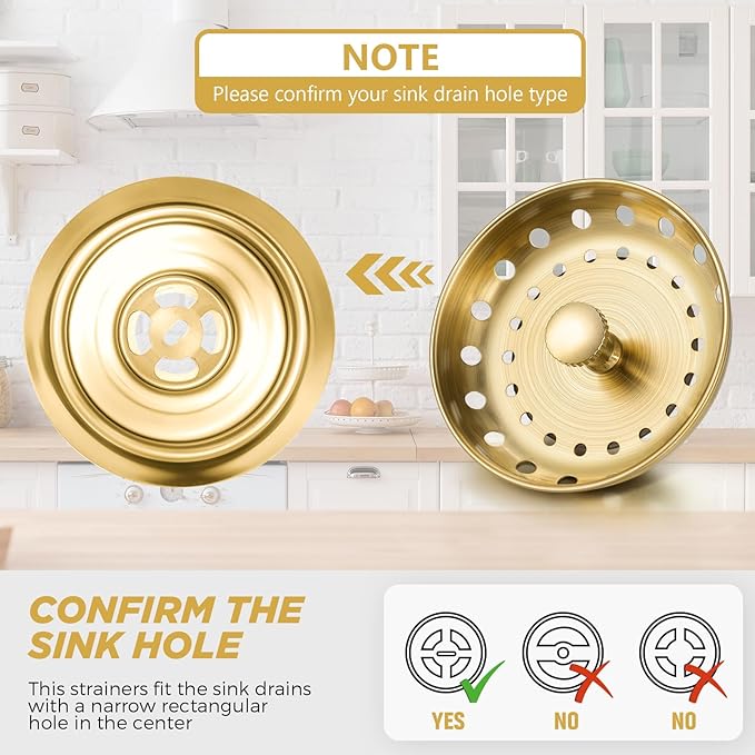 Retisee 2 Pcs Kitchen Sink Stopper Strainer Stainless Steel Drain Strainers for Universal 3-1/2 Inch Kitchen Sink Drain Replacement(Brushed Gold)