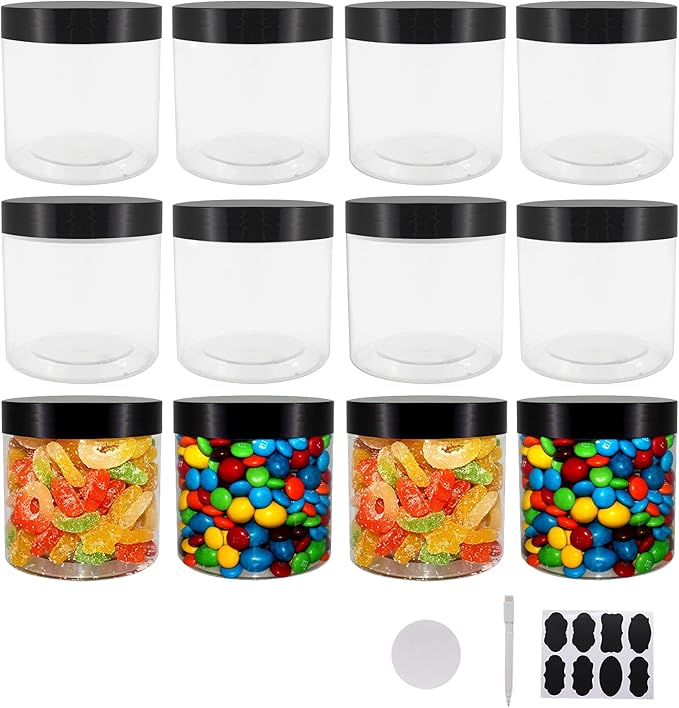 Zmybcpack 12 Pack 20oz (600ml) Clear Plastic Jars With Lids, Labels, 1 Pen - Empty Storage Containers for Dry Food, Peanut, Spice