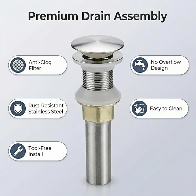 Bathroom Sink Drain, Drain Stopper Bathroom Sink Without Overflow, Assembly with Detachable Strainer Basket, Built in Anti Clogging Pop Up Drain Strainer, Stainless Steel Polishing 1Pcs