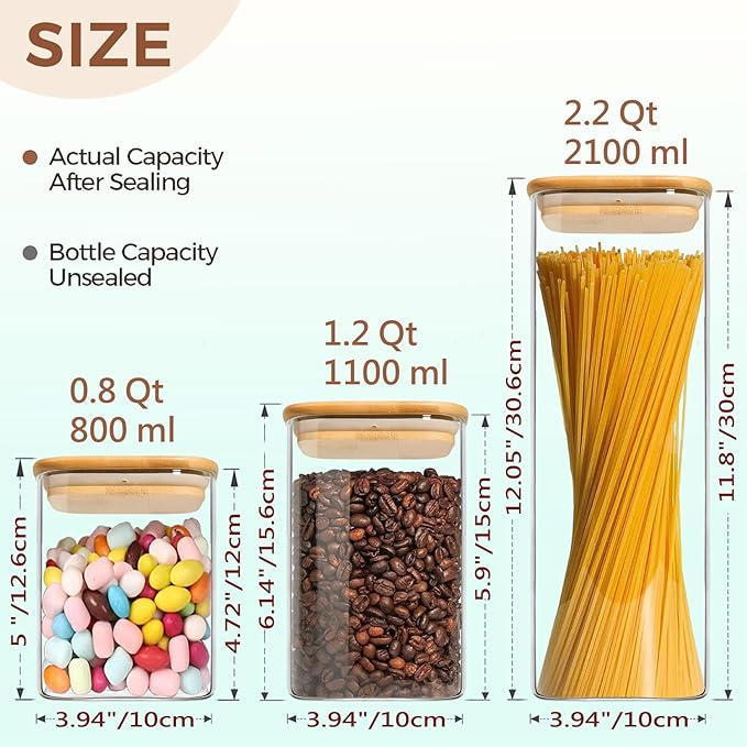 VIEWELLD Food Storage Containers with Airtight Bamboo Lids Set of 5, Glass Canisters with Airtight Lids, Glass Food Storage Containers for Pasta, Oats, Coffee, Flour, Sugar, Best for Kitchen, Square