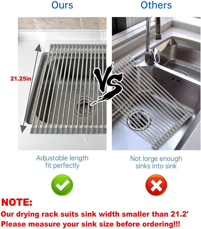 CHIRISEN Expandable Large Roll Up Dish Drying Rack, Foldable Over The Sink Dish Drying Rack, Rolling Dish Drainer Stainless Steel Roll Rack for Kitchen Sink Counter (Gray, 21.25x12.79in)