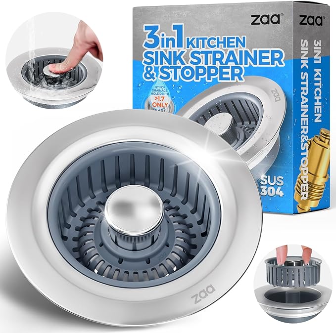 Sink Drain Strainer - Sink Stopper Kitchen Drain, 3 in 1 Kitchen Sink Drain Strainer with Anti-Clogging Basket, Kitchen Gadgets Clearance Sink Accessories, Fit US Standard 3-1/2'' Sink Hole, Silver