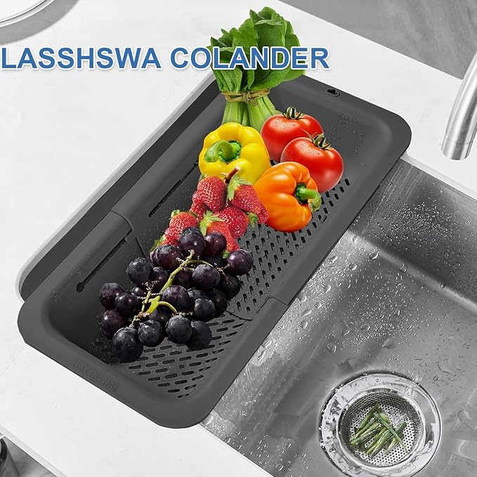LASSHSWA Collapsible Colander for Kitchen, Over the Sink Strainer Basket for Kitchen, Fruit Pasta Food Strainer Expandable Plastic Colander BPA Free (Black)