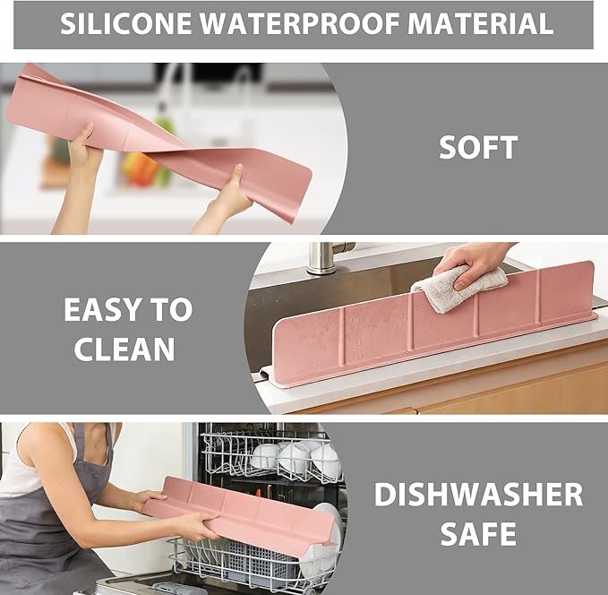 23Inch Sink Splash Guard – Extended Length & Tall Silicone Kitchen Sink Splash Guard with Overhang Drainage Design & Strong Suction Cups for Countertop (Lotus Pink, 23''x3.5'')