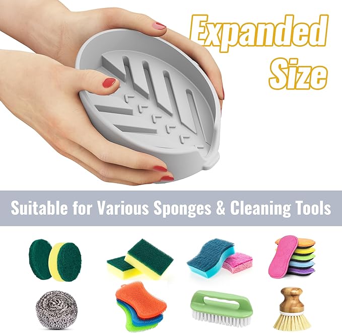 NiHome Silicone Sponge Holder Compatible with Scrub Daddy Mommy Sponges for Kitchen & Bathroom, Auto Draining Organizer, Holds Multiple Sponges & Cleaning Tools, Food-Grade, Dishwasher Safe (Gray)