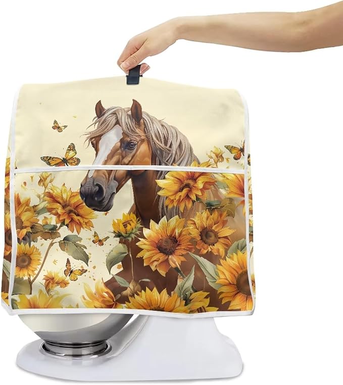 Sunflower Horse Mixer Cover | Foldable & Portable Dust Protector with Carrying Handles | Compatible with 6-8 Quart Stand Mixers, Coffee Makers & Juicers
