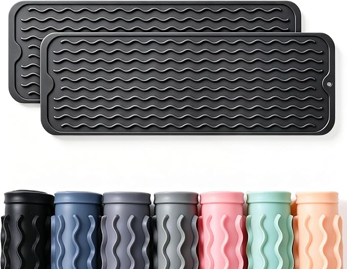 CAKETIME 2 Pack Silicone Dish Drying Mat for Kitchen Counter Coffee Bar Easy to Clean Near Faucet Under Sink Bathroom Vanity Tray Small Gadgets Rack Home Decor Essentials 17"x6" Black