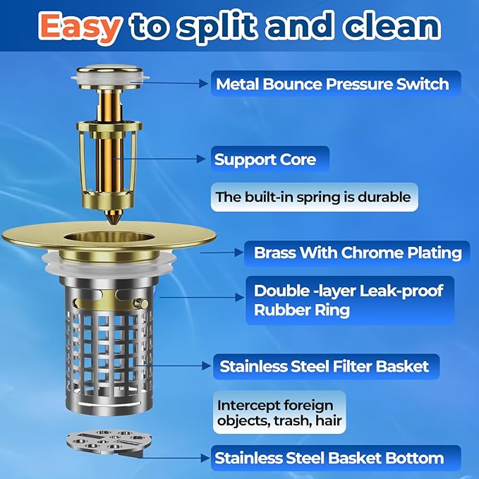 Bathroom Sink Stopper, Stainless Steel Pop-up Sink Stopper Hair Catcher with Removable Basket (2PACK)