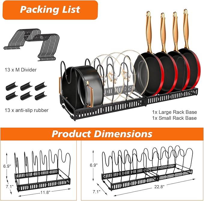 Pots and Pans Organizer for Under Cabinet, Expandable 11.81''-22.85'' Kitchen Organizer with 13 Adjustable Compartments, Pot Lid Pan Rack for Cabinet Drawer Countertop, Bakeware Cutting Board