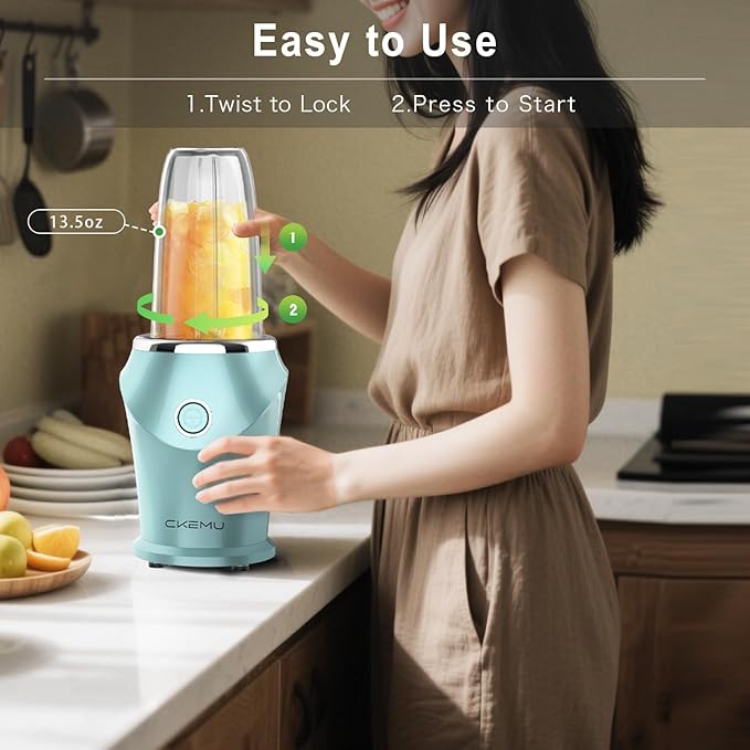 Portable Blender Mint Blue,Personal Blender with 13.5oz ABS Cup, 4-Blade Stainless Steel, One-Button Operation for Smoothies, Shakes, Juices - Home, Office, Gym, Travel