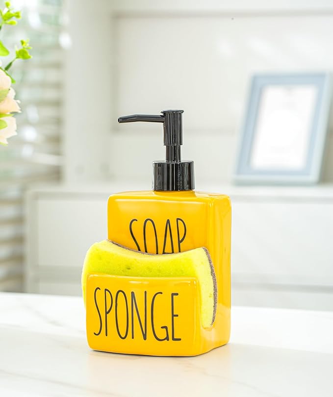 Ceramic soap Dispenser with Sponge Holder for Kitchen Sink Bathroom Counter top Storage and Organization (Yellow)