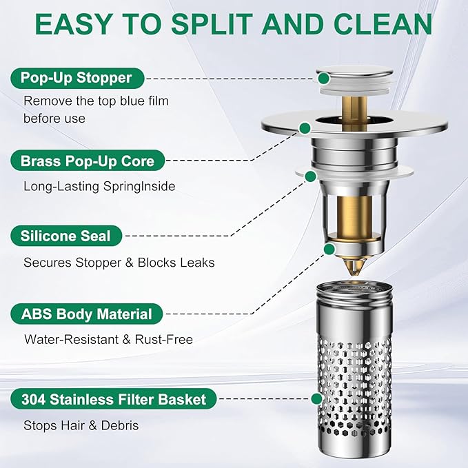 Bathroom Sink Drain Strainer,Universal Pop-Up Sink Stopper Hair Catcher, Anti-Clog Stainless Steel Drain Filter Basket, Removable Sink Drain for Bathroom Sink Stopper