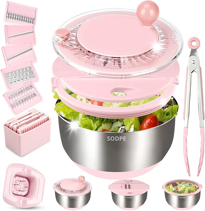 Stainless Steel Salad Spinner Large with 5 Blades Slicer, Lettuce Washer Spinner and Dryer, Vegetable Fruits Chopper Bowl, Egg Yolk Strainer, 5.3Qt Pink