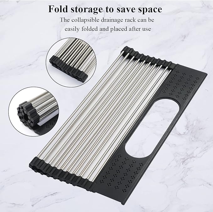 Berglander Dish Drying Rack Over The Sink, L17.5 by W 15" Rollable Stainless Steel Dish Rack with Removable Storage Basket, Perfect for Kitchen Sink