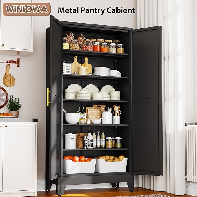 winiowa Tall Metal Kitchen Pantry Storage Cabinet with 2 Doors and 5 Adjustable Shelves - 75.2" Kitchen Cabinet with Gold Handles for Kitchen, Bathroom, Dining Room, Living Room - Black