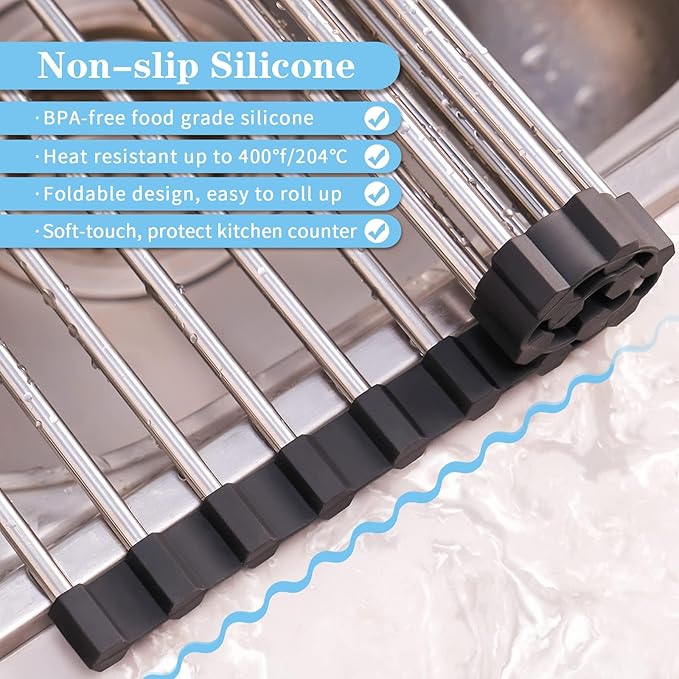 Seropy Roll Up Dish Drying Rack Over the Sink Drying Rack for Kitchen Counter, Rolling Dish Rack Over Sink Mat, Foldable Dish Drainer Stainless Steel Rack Kitchen Organization Gadgets 20.5"x11.8"