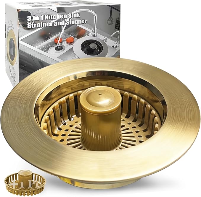 Anlige Kitchen Sink Drain Strainer, 3 in 1 Pop Up Kitchen Sink Stopper, with an Extra Basket Strainer, Universal for US Standard 3-1/2 Inch, Brushed Gold