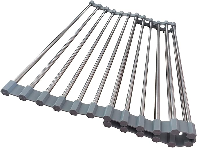 Roll Up Dish Drying Rack, Stainless Steel and Silicone Dish Drying Mat Over The Sink Foldable Drain Rack Multipurpose Dish Drainer for Kitchen, 14.5” x 14”, Gray