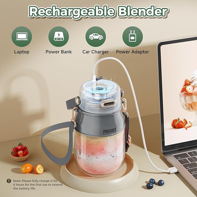 Portable Blender, 27oz Personal Blender for Smoothies & Protein Shakes with 70W Motor & Smart Lock, USB-C Rechargeable, BPA-Free for Travel/Office/Home/Gym Drink Mixer with Strap, Prasky (Light Gray)