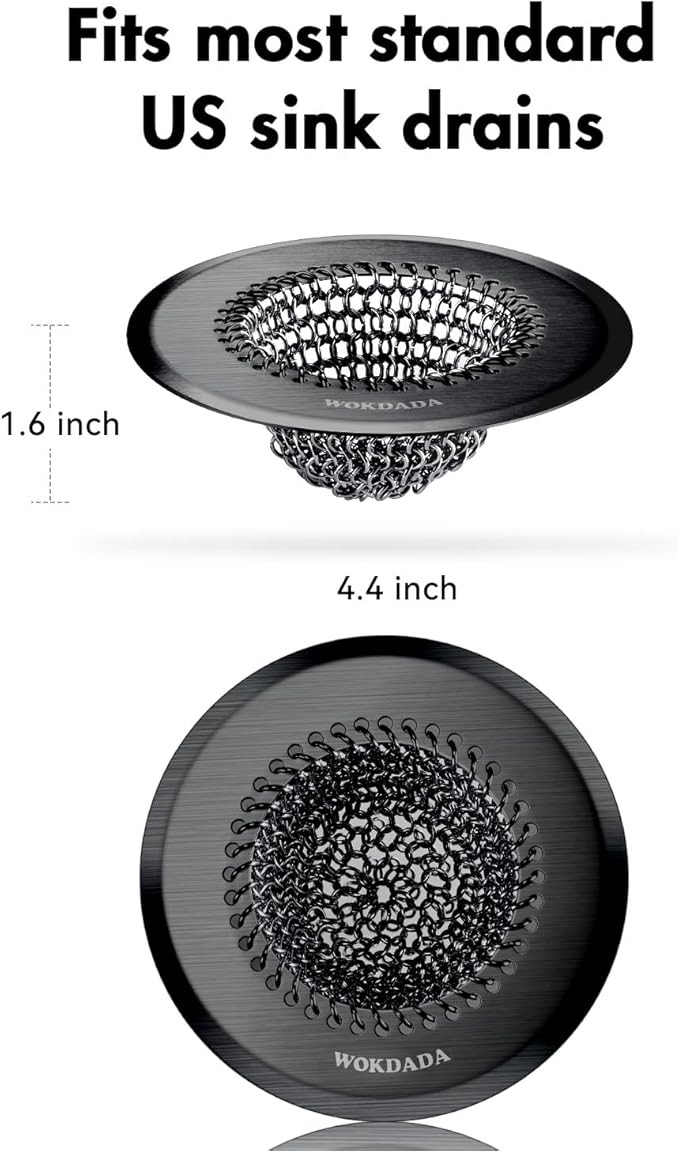 Sink Drain Strainer, Reversible Mesh Sink Strainer with 304 Stainless Steel, Wokdada Revolutionary Anti-Rust Kitchen Sink Drain Strainer for Garbage Disposal Food Catcher (Black)