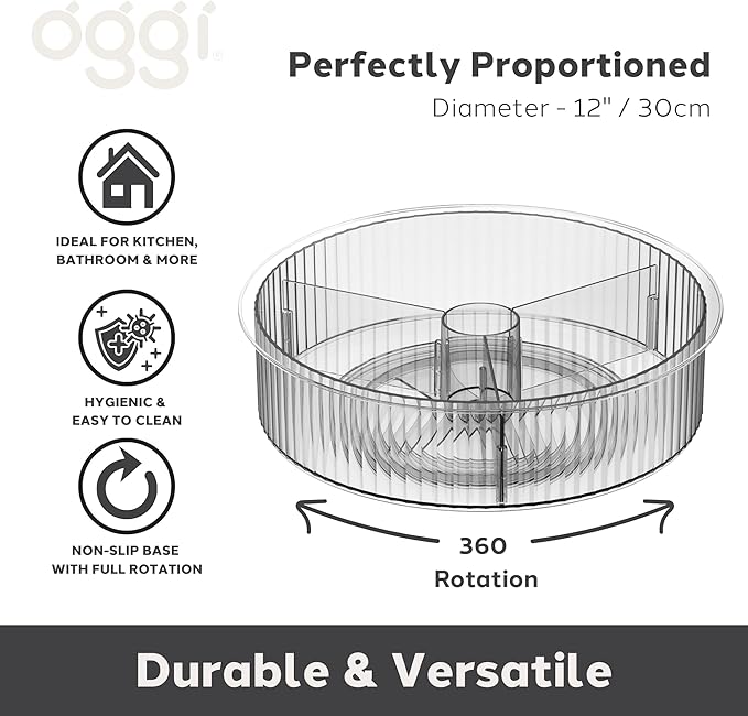 Oggi 12" Divided Fluted Lazy Susan Turntable Organizer – Clear Rotating Cabinet Organizer with Removable Divider for Kitchen, Pantry, Fridge, Bathroom, Spices, Makeup, Perfume & More