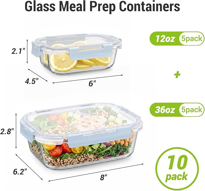 Dealusy 10 Sets (20-Piece) Glass Meal Prep Containers with Lids, Five 36 oz & Five 12 oz Airtight Leak-proof Glass Food Storage Containers with lids, Microwave Oven Freezer Dishwasher Safe, Blue