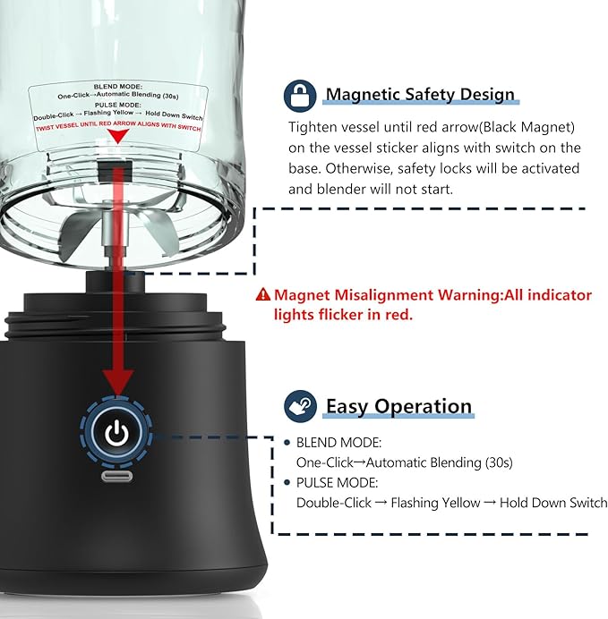 DENOKIN Portable Blender, Shakes and Smoothies Cordless Personal Size Blender 20oz with 6 Blade and a Travel Lid (Elegant Black)