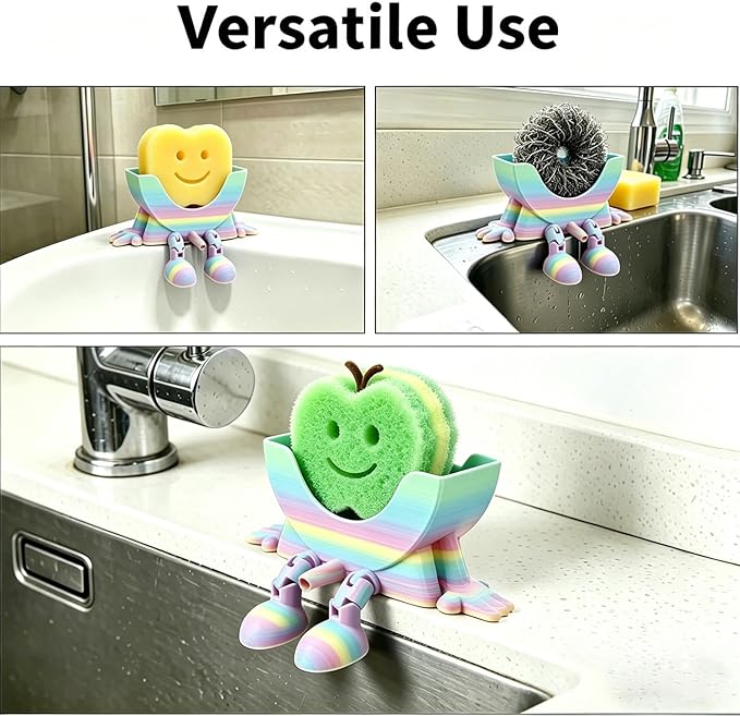Creative Hanging Sponge Holder with Drainage/Traceless Glue, 3D Printing Countertop Funny Sponge Holders for Kitchen Sink, Keeps Your Sponge Dry & Smiling, for Scrub Daddy Holder (1, Gradient Random)