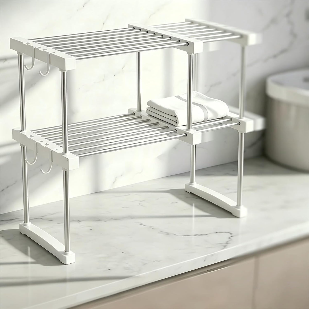 Expandable Under Sink Organizer, No-Drill Adjustable Shelf