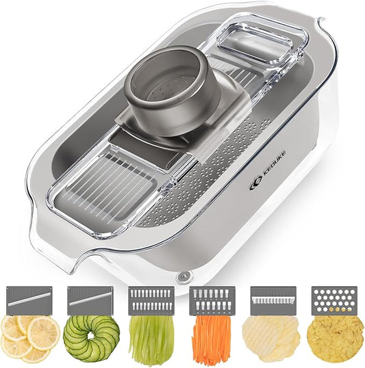 KEOUKE Transparent Multifunctional Mandoline Slicer with Large Strainer - 6 Blades Interchangeable, Handheld Vegetable Cutter with Hand Guard for Kitchen, Onion, Garlic, Safe Food Slicer