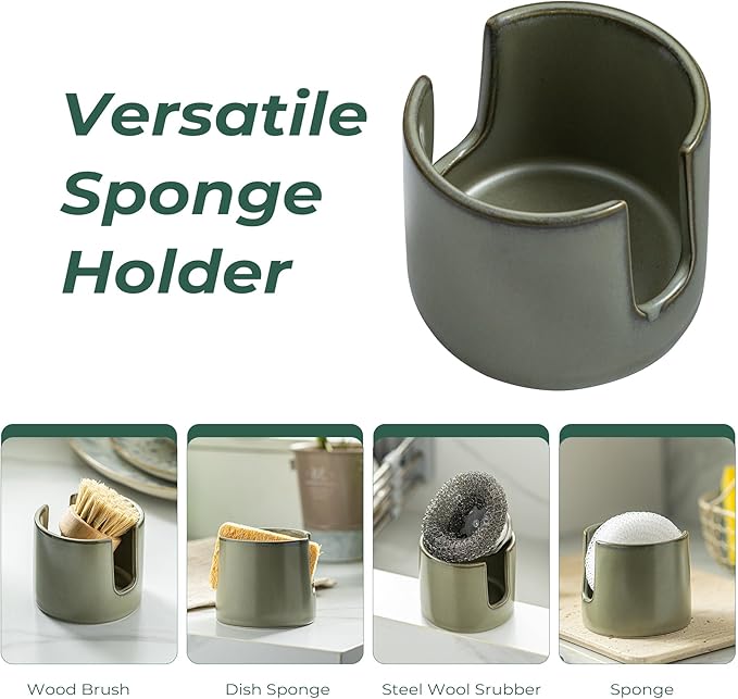 Zoeeker Sponge Holder, Ceramic Dish Sponge Drying Caddy for Kitchen Sink Scrubby Daddy Kitchen Organizer Cute Kitchen Accessories for Counter, Dark Green