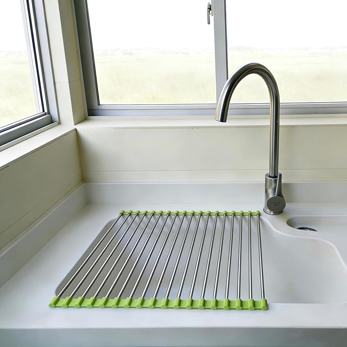 Roll Up Dish Drying Rack, Stainless Steel and Silicone Dish Drying Mat Over The Sink Foldable Drain Rack Multipurpose Dish Drainer for Kitchen, 14.5” x 14”, Green