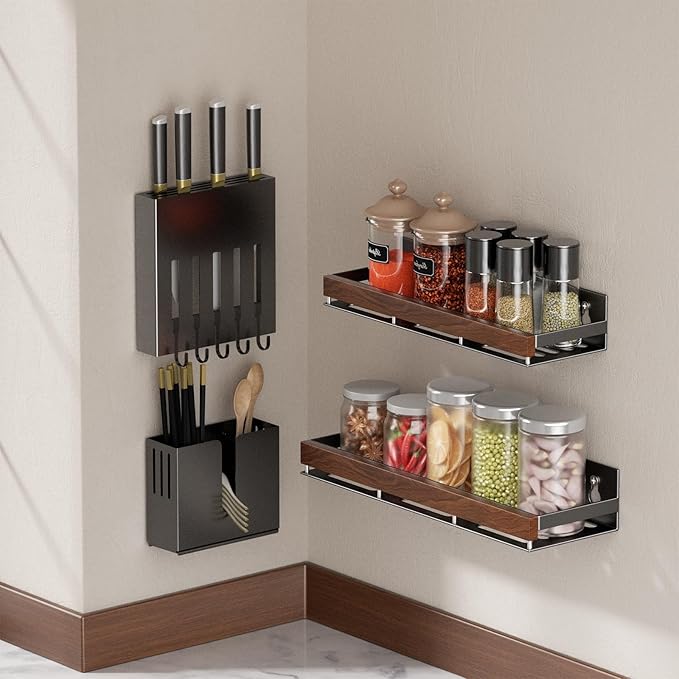 Walnut Magnetic Spice organizer for Refrigerator Wall Mount Spice Rack Magnetic Fridge Shelf Spice Jar Seasoning Organizer (Walnut 2 Pack)