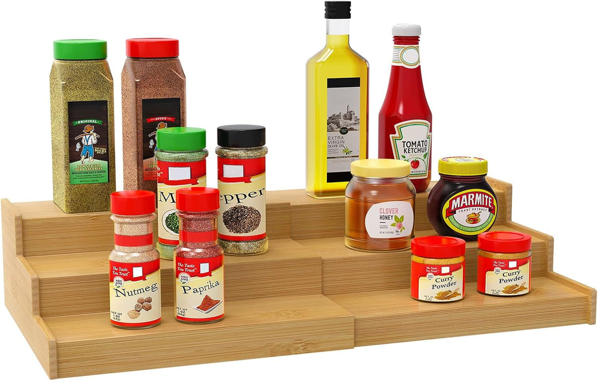 Spice Rack Organizer for Cabinet, 3-Tier Expandable Bamboo Shelf