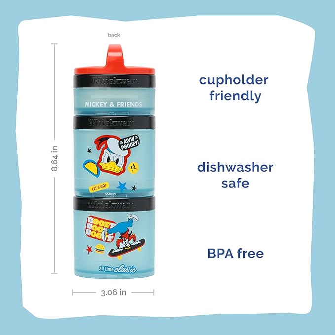 Whiskware Disney Mickey Mouse and Friends Stackable Snack Containers for Babies, Toddlers, and Kids, 3 Stackable Snack Cups for School and Travel, Cupholder Friendly, Squad!