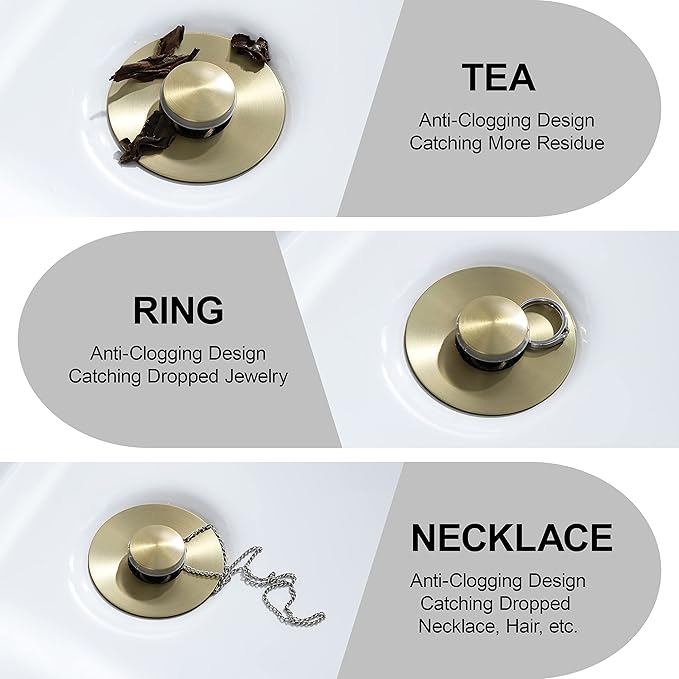 Universal Bathroom Sink Stopper - Bounce Wash Basin Drain Filter, Stainless Steel Pop Up Drain Stopper, Bullet Core Push Type Sink Stopper, Sink Drain Plug with Anti-Clogging Strainer, Brushed Gold1