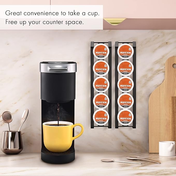KES Coffee Pod Holder for Keurig, Side Mount Coffee Pod Holder Adhesive, Sturdy Metal K Cup Organizer and Storage, Matte Black, 2 Pack/For 10 K Cups, KCPH500-BK-P2