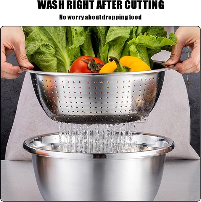 Multifunctional Stainless Steel Basin,Multi Stainless Steel Basin with Grater Vegetable Cutter Slicer Grater Strainer Drain Basket Salad Maker Bowl Colanders for Salad Maker