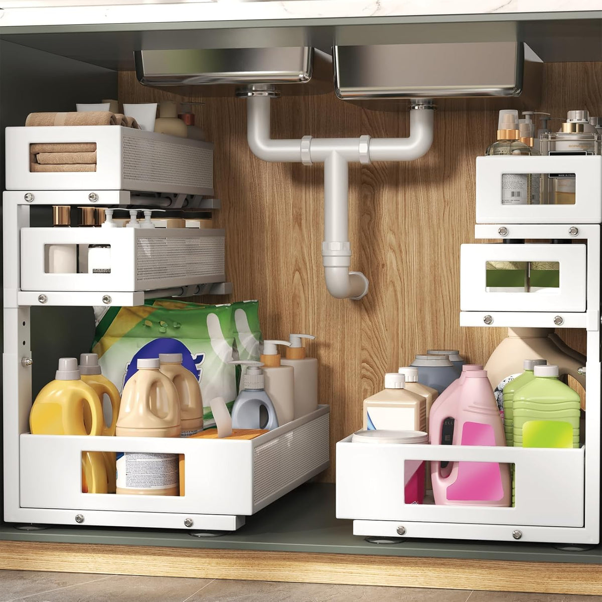 3-Tier Pull Out Under Sink Organizer,2-Pack Heavy Duty Metal Cabinet Organizer Shelf with Suction Cups,5-Level Adjustable Height,L-Shaped Storage Drawer Rack for Kitchen,Bathroom,Laundry,Pantry-White
