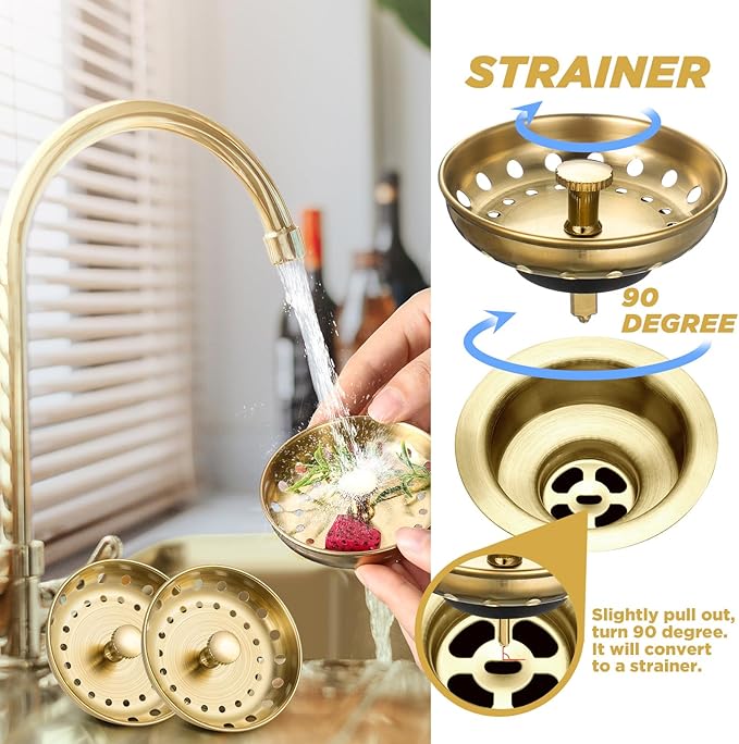 Retisee 2 Pcs Kitchen Sink Stopper Strainer Stainless Steel Drain Strainers for Universal 3-1/2 Inch Kitchen Sink Drain Replacement(Brushed Gold)
