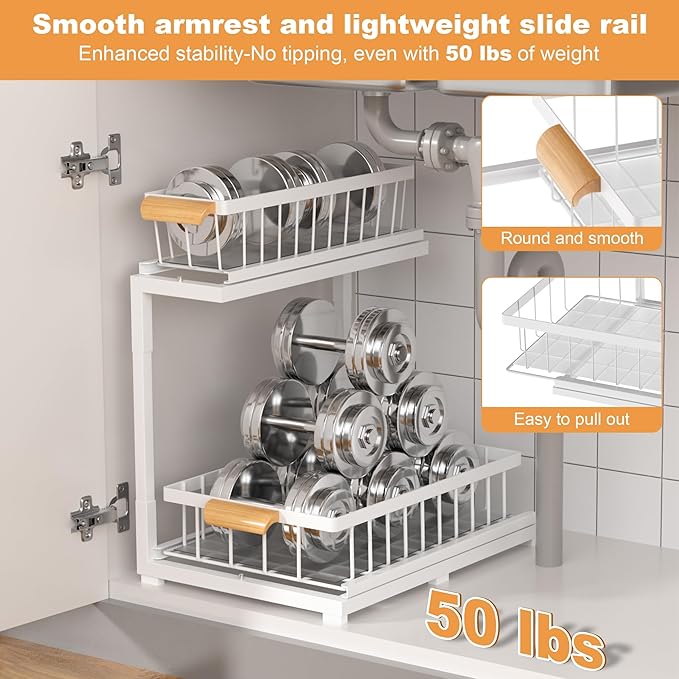 Under Sink Organizer 2 Tier, Pull Out Drawer Slides Under Sink Storage for Bathroom Kitchen,Multi-Purpose Drawer Under Cabinet Organizer for Cleaning Supplies (White, Large-1 Pack)