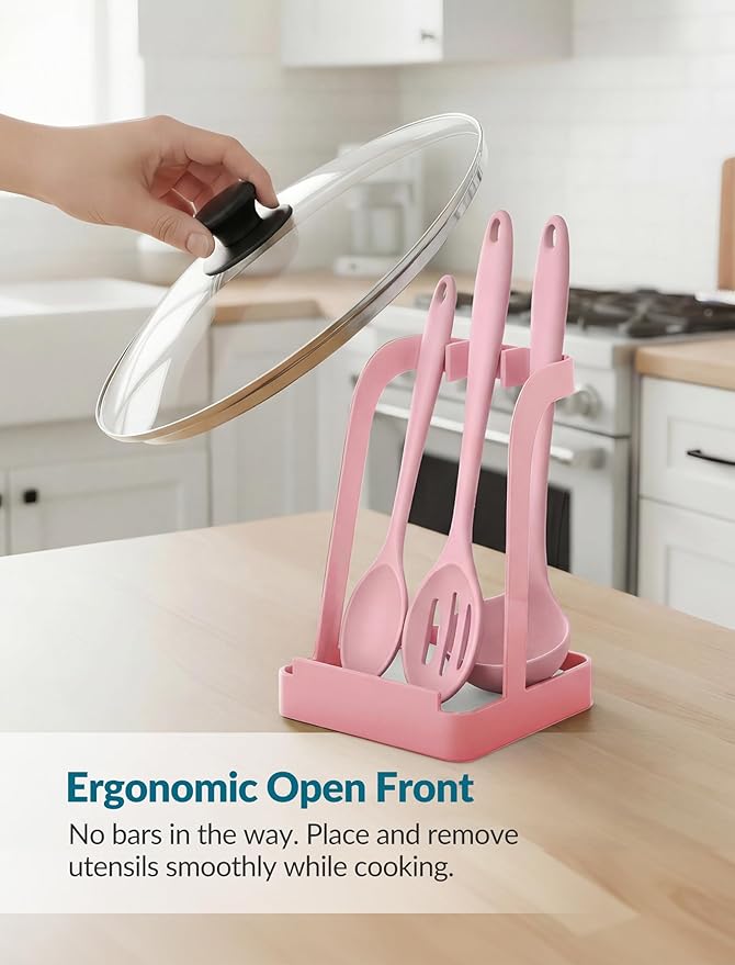 NiHome Kitchen Utensil Holder for Pot Lids & Spoons Pink Kitchen Accessories with White Diatomite Drip Tray, Non-Slip Base, Metal Cooking Spoon Rest, 3.9"x3.9"x6" Countertop Organizer (Pink)