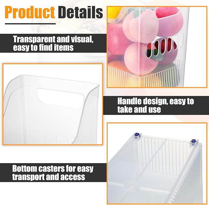 Qunclay 6 Plastic Freezer Organizer Bins with Wheel Set Clear Tall Narrow Kitchen Pantry Organizer Snack Storage Containers for Office Refrigerator(10 x 13.3 x 6.7inches)