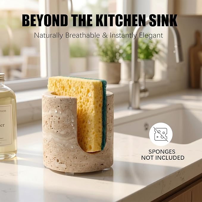 Natural Travertine Sponge Holder - Wabi-Sabi Stone Drying Rack for Kitchen Sink & Bathroom, Decorative Candle Tray, Flowers Organizer & Toothbrush Holder - Housewarming Gift, Home Decor