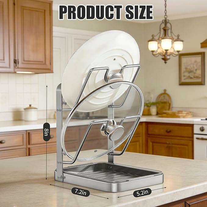 304 Stainless Steel Pot Lid Holder While Cooking, Pot Lid Organizer Rack with Drip Tray for Stove Top, Multifunctional Kitchen Countertop Organizer Space Saving Lid Holder (Silver)