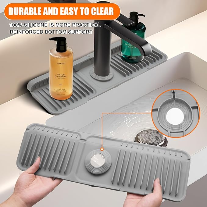 17.7" Silicone Faucet Mat for Kitchen Sink,7° Draining Mat with Snap Button Lock,Faucet Splash Guard and Sink Counter Organizer,Trim-to-Fit Kitchen Faucet Protector for Sponge Brush Cup
