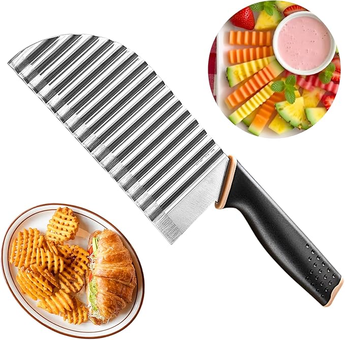 JAYVAR Large Crinkle Cutter Wave Potato Slicer, Stainless Steel French Fry Cutter Wavy Chopper, Vegetable Crinkle Cutting Tool with Handle for Cucumber, Kitchen Dicer Gadgets, Kitchen Veggie Slicer